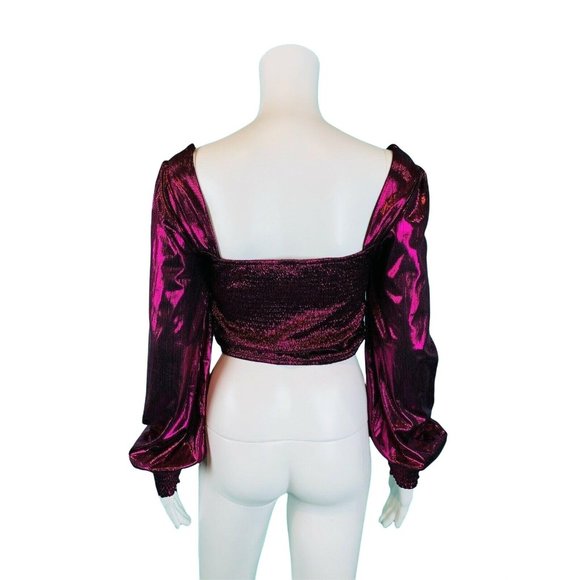 Peach Puff Crop Top Women's Medium Magenta Smocked Long Sleeve Shirt Disco - Picture 8 of 8